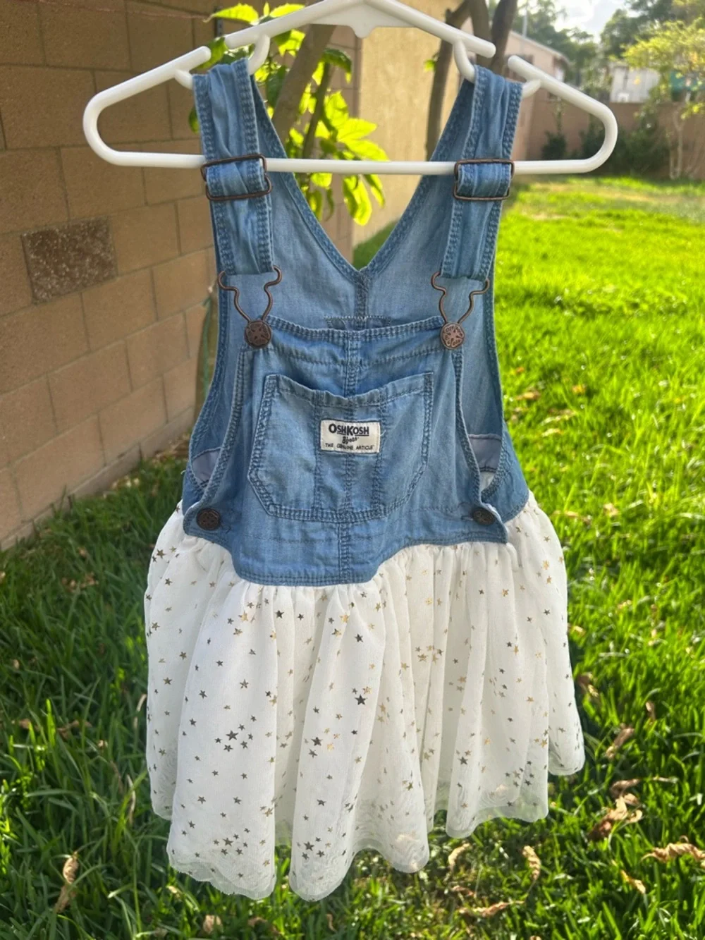 OshKosh B'gosh Blue Denim Overall Dress with White Star Tulle Skirt